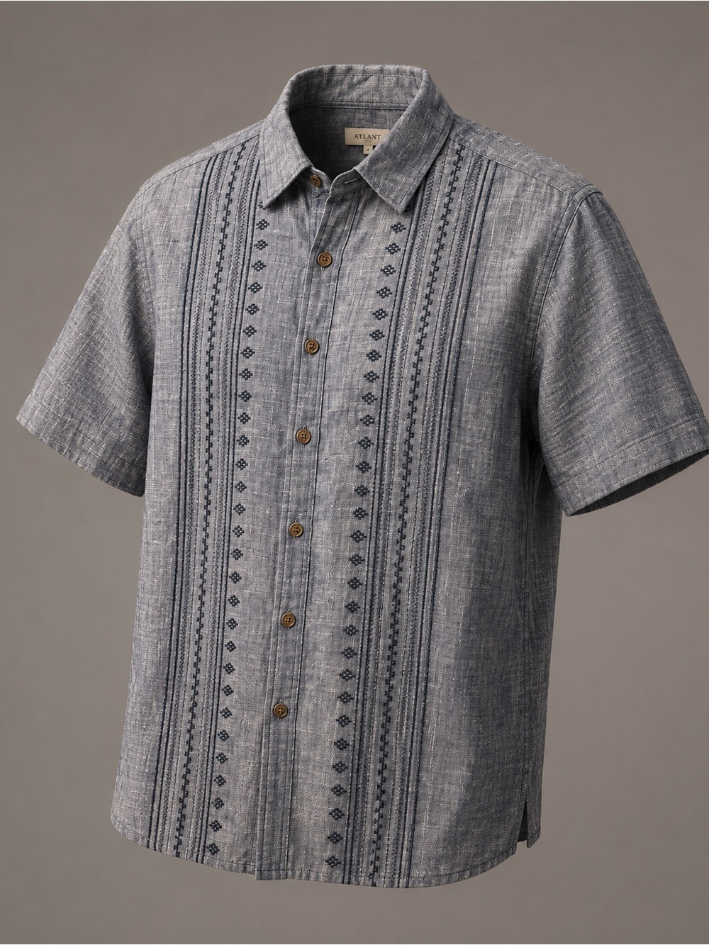 Old Navy Gray Short-Sleeve Button-Down Shirt with Navy Embroidered Stripes